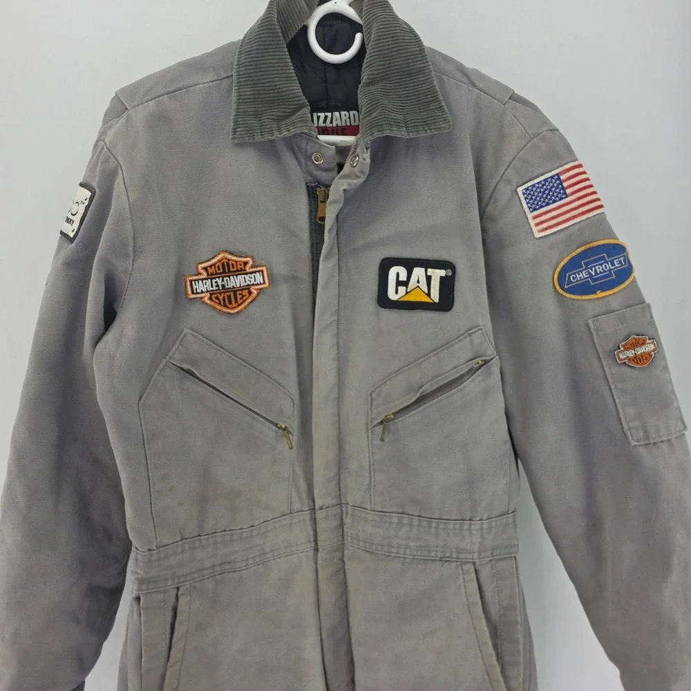 Walls Blizzard Pruf Coveralls Mens Grey Harley CAT Chevy Patches Workwear 6519